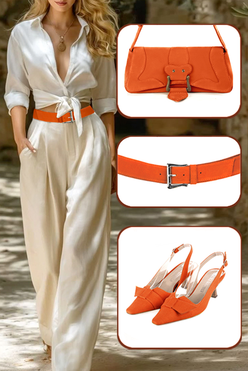 Women's clementine orange elegant slingback heels, with a bow on the front. Tapered toe. Medium spool heels - Top view
